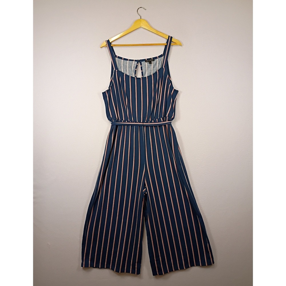 Coastal Nautical As U Wish Women XL Blue Pink Striped‎ Wide Leg Belted Jumpsuit